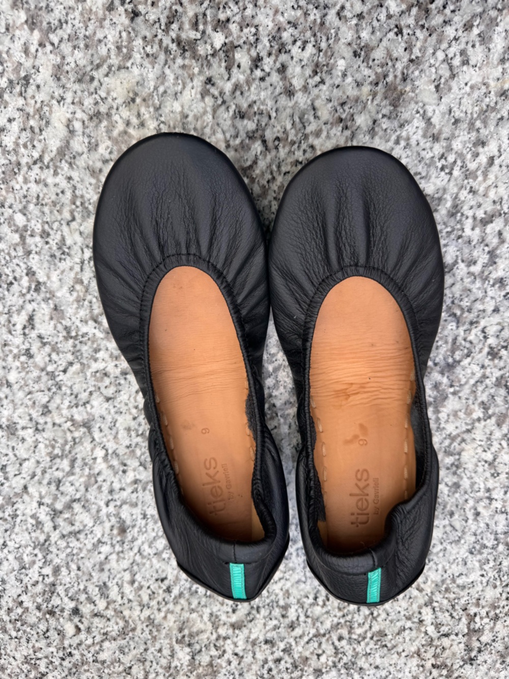 Tieks Black Leather Ballet Flats with Teal Heel Tab